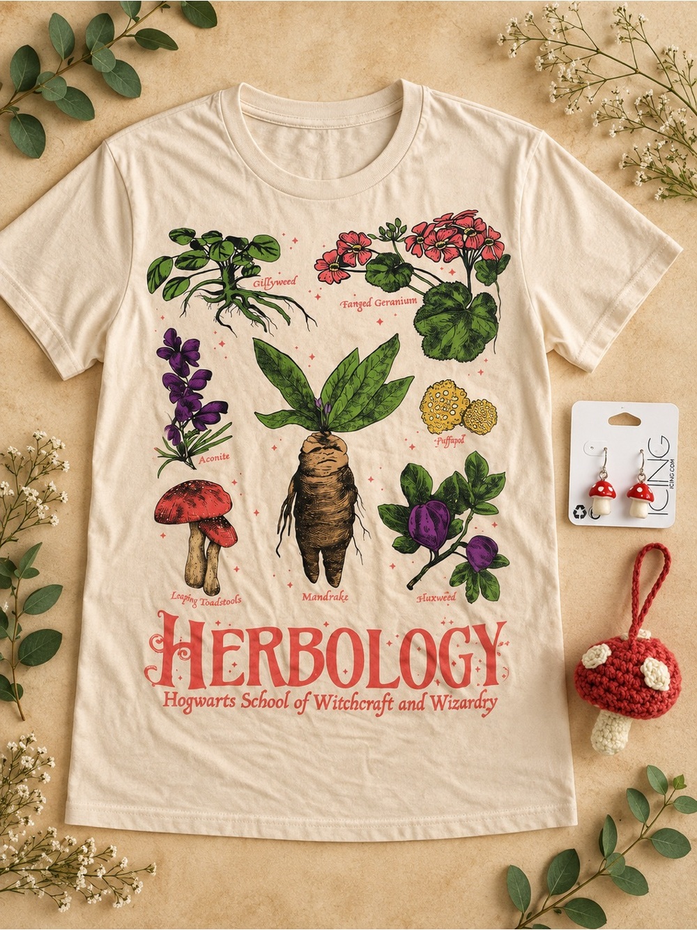 Harry Potter Herbology Mushroom Tee Bundle Size L + Mushroom Earrings & Keychain